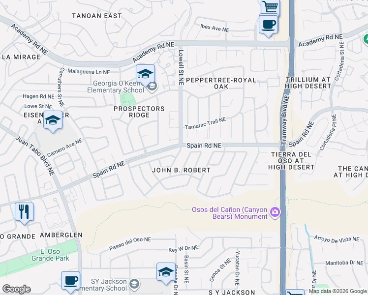 map of restaurants, bars, coffee shops, grocery stores, and more near 5519 Vista Sandia Northeast in Albuquerque