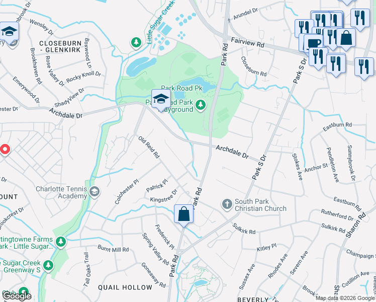 map of restaurants, bars, coffee shops, grocery stores, and more near 5706 Telfair Road in Charlotte