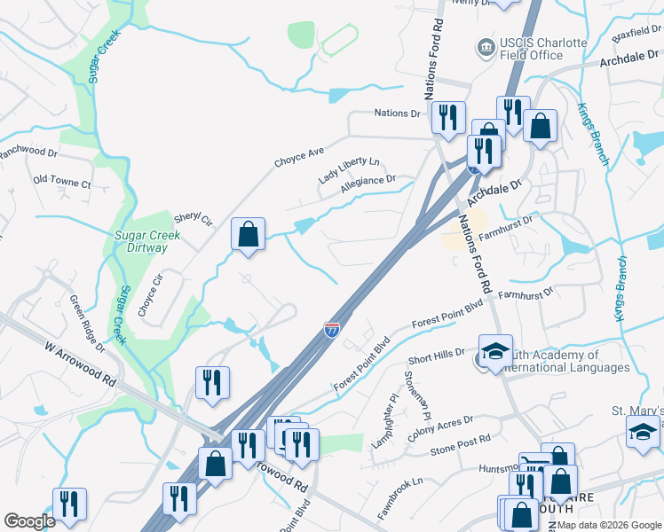 map of restaurants, bars, coffee shops, grocery stores, and more near 507 Granby Circle in Charlotte