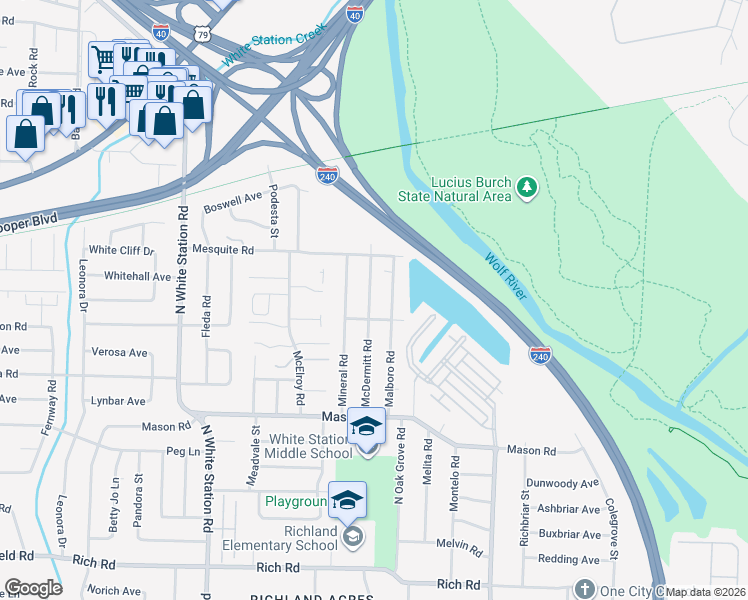 map of restaurants, bars, coffee shops, grocery stores, and more near 512 McDermitt Road in Memphis