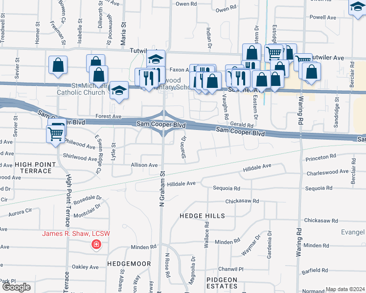 map of restaurants, bars, coffee shops, grocery stores, and more near 490 Sharon Drive in Memphis