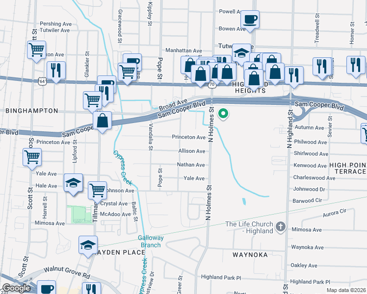 map of restaurants, bars, coffee shops, grocery stores, and more near 3232 Allison Avenue in Memphis