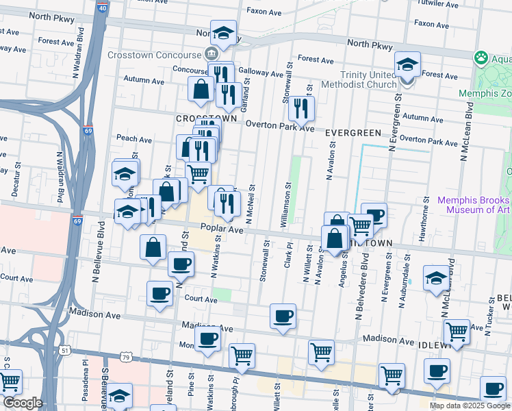 map of restaurants, bars, coffee shops, grocery stores, and more near 233 North McNeil Street in Memphis