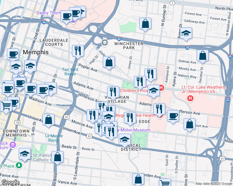 map of restaurants, bars, coffee shops, grocery stores, and more near 680 Adams Avenue in Memphis