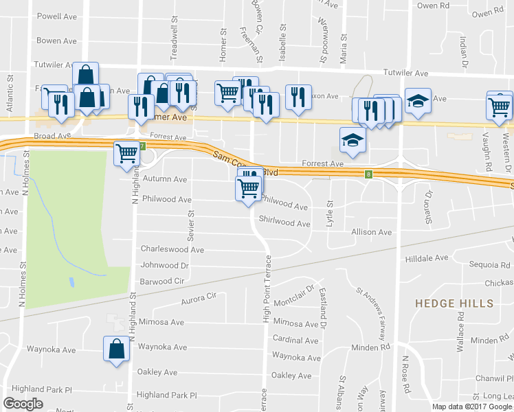 map of restaurants, bars, coffee shops, grocery stores, and more near 484 High Point Terrace in Memphis