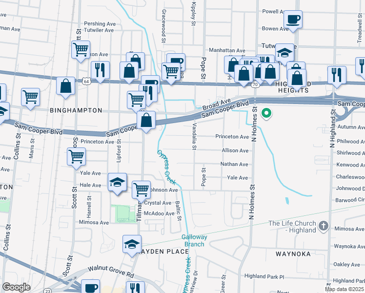 map of restaurants, bars, coffee shops, grocery stores, and more near 3096 Allison Avenue in Memphis