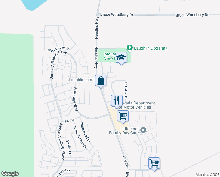 map of restaurants, bars, coffee shops, grocery stores, and more near 2839 Biscaya Drive in Laughlin
