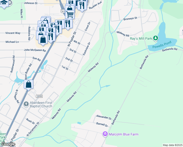 map of restaurants, bars, coffee shops, grocery stores, and more near 448 Midway Road in Aberdeen