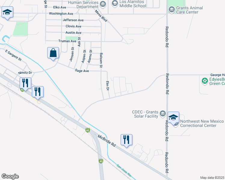 map of restaurants, bars, coffee shops, grocery stores, and more near 317 Ponderosa Lane in Grants