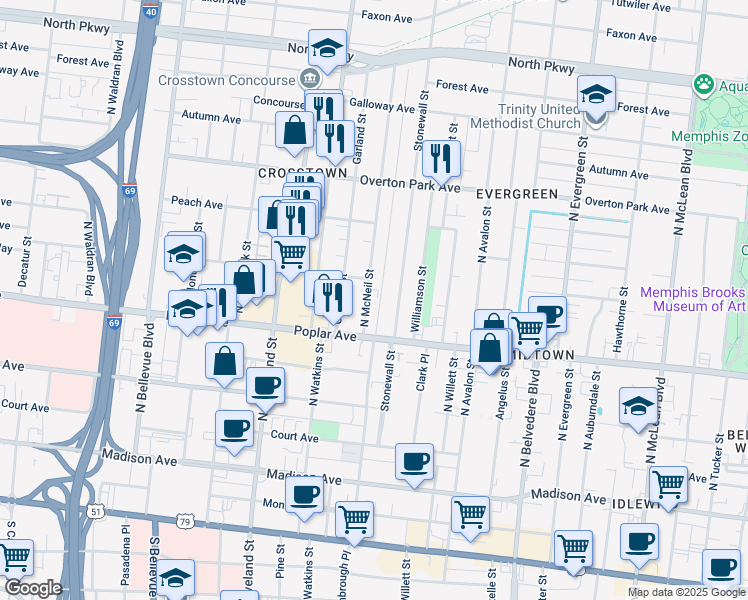 map of restaurants, bars, coffee shops, grocery stores, and more near 233 North McNeil Street in Memphis