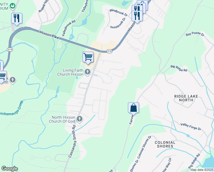 map of restaurants, bars, coffee shops, grocery stores, and more near 6278 Heritage Ridge Drive in Chattanooga
