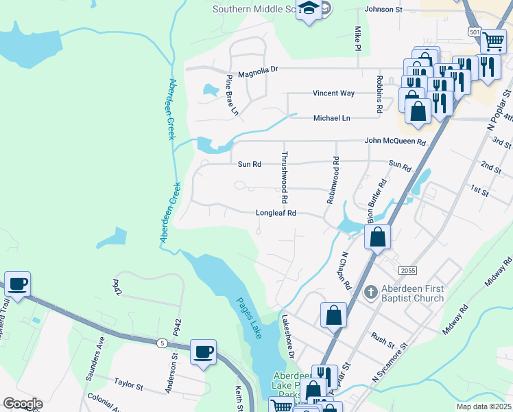 map of restaurants, bars, coffee shops, grocery stores, and more near 618 Longleaf Road in Aberdeen