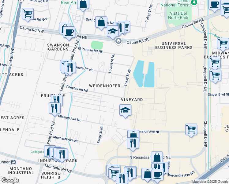 map of restaurants, bars, coffee shops, grocery stores, and more near 631 Vineyard Road Northeast in Albuquerque