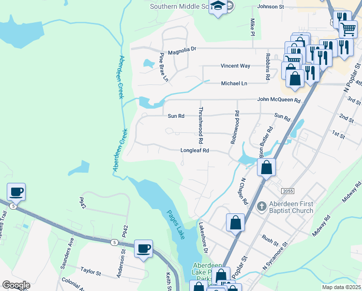 map of restaurants, bars, coffee shops, grocery stores, and more near 618 Longleaf Road in Aberdeen