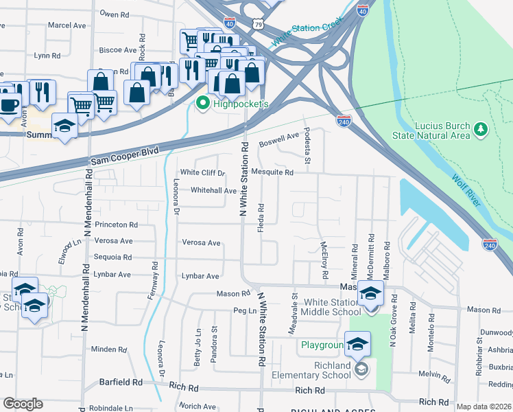 map of restaurants, bars, coffee shops, grocery stores, and more near 505 Fleda Road in Memphis