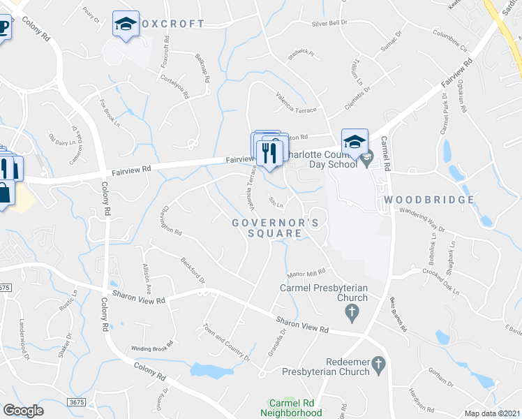 map of restaurants, bars, coffee shops, grocery stores, and more near 2526 Valencia Terrace in Charlotte