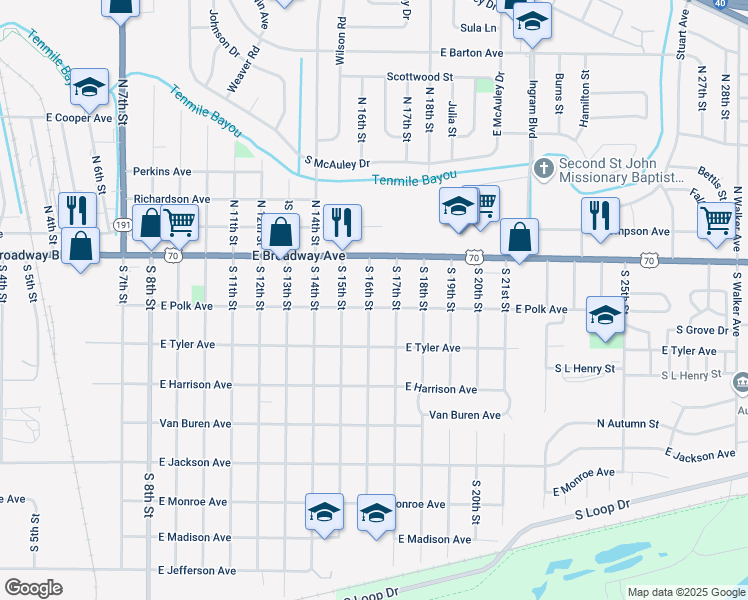 map of restaurants, bars, coffee shops, grocery stores, and more near 130 South 16th Street in West Memphis