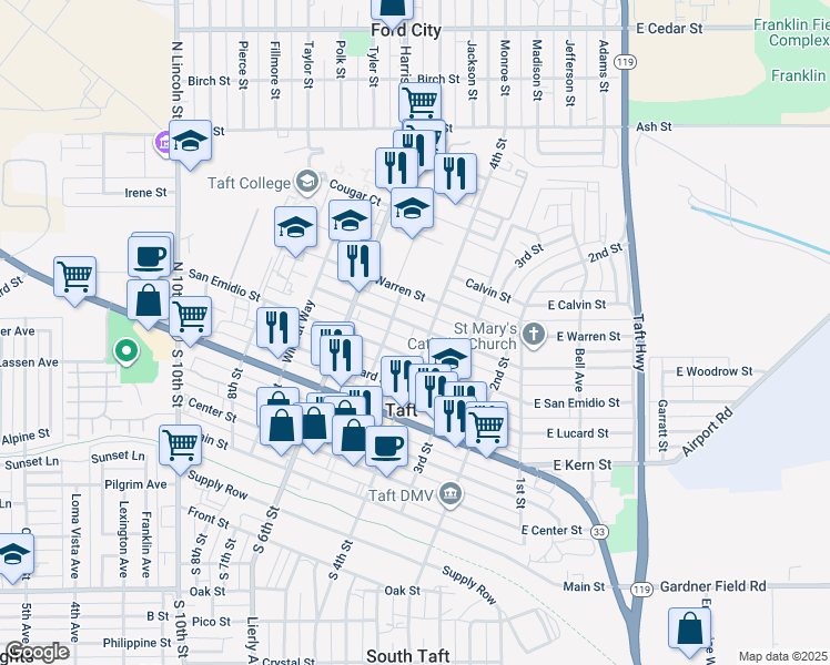 map of restaurants, bars, coffee shops, grocery stores, and more near 409 Woodrow Street in Taft