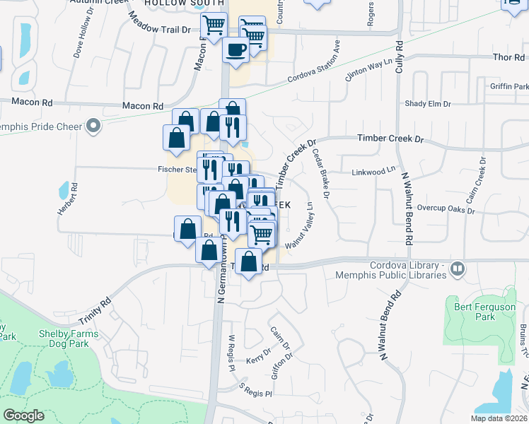 map of restaurants, bars, coffee shops, grocery stores, and more near 700 North Germantown Parkway in Memphis