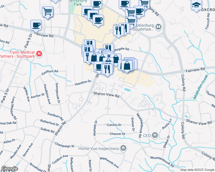 map of restaurants, bars, coffee shops, grocery stores, and more near 6823 Louisburg Square Lane in Charlotte