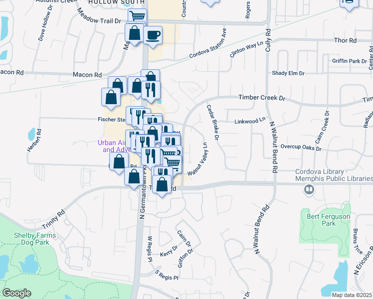 map of restaurants, bars, coffee shops, grocery stores, and more near 725 Walnut Woods Cove North in Memphis