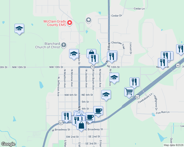map of restaurants, bars, coffee shops, grocery stores, and more near 901 North Van Buren Avenue in Blanchard