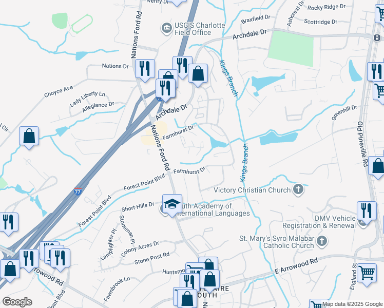 map of restaurants, bars, coffee shops, grocery stores, and more near 849 Farmhurst Drive in Charlotte