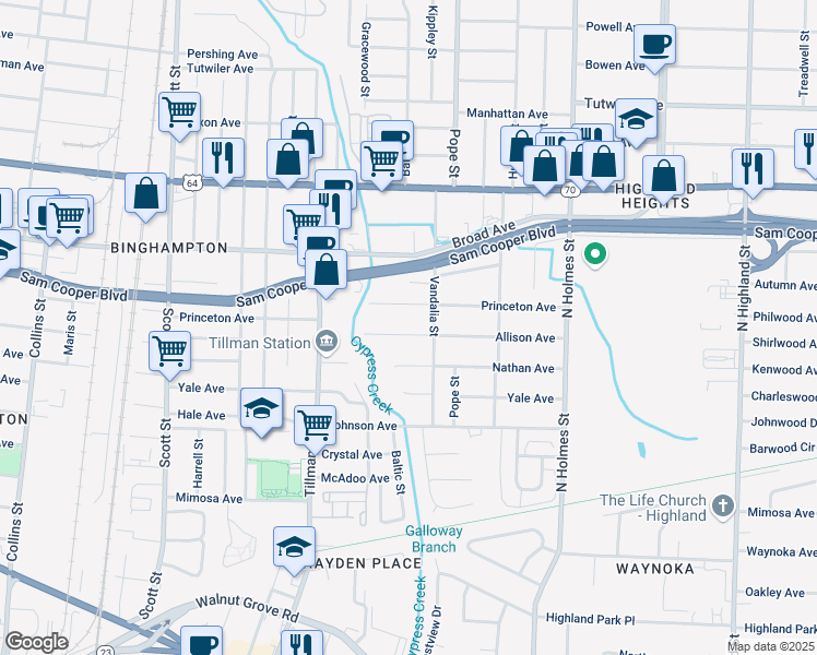 map of restaurants, bars, coffee shops, grocery stores, and more near 3102 Allison Avenue in Memphis
