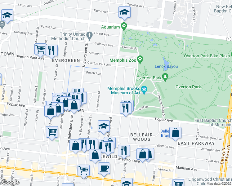 map of restaurants, bars, coffee shops, grocery stores, and more near 274 North McLean Boulevard in Memphis