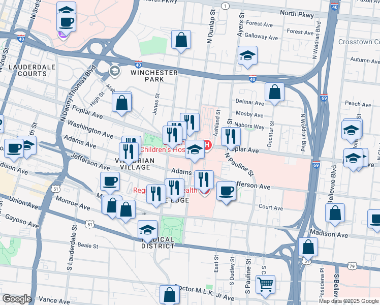 map of restaurants, bars, coffee shops, grocery stores, and more near 107 North Dunlap Street in Memphis