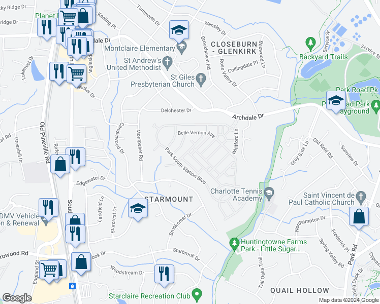 map of restaurants, bars, coffee shops, grocery stores, and more near 6252 Rockefeller Lane in Charlotte