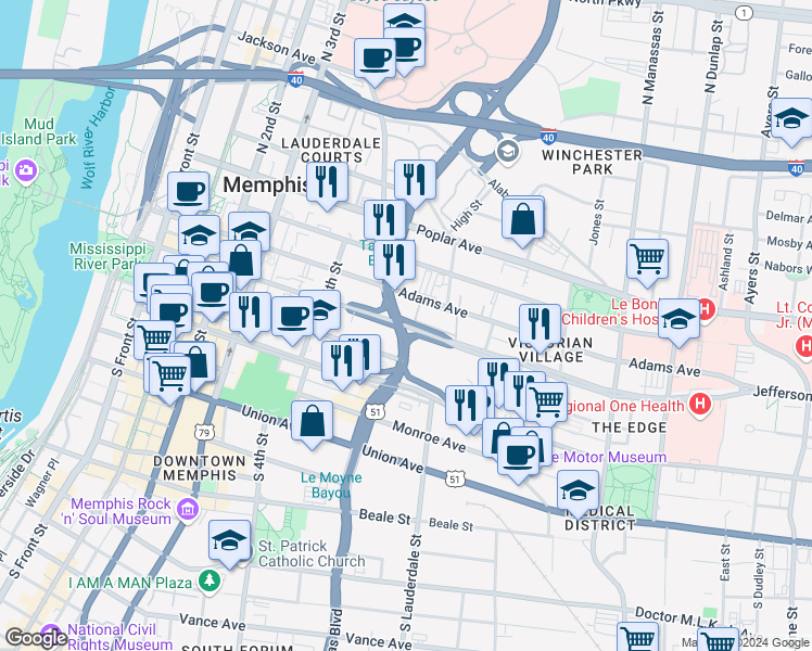 map of restaurants, bars, coffee shops, grocery stores, and more near 382 Jefferson Avenue in Memphis