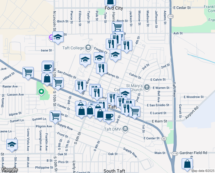 map of restaurants, bars, coffee shops, grocery stores, and more near 610 5th Street in Taft