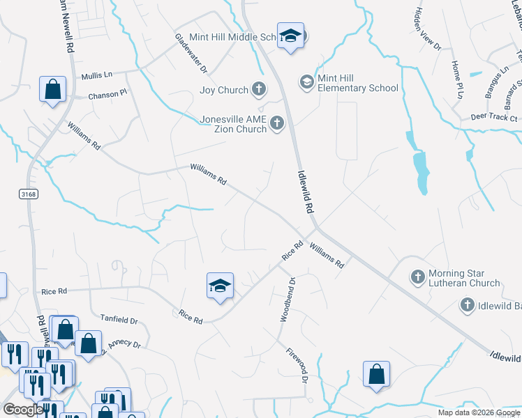 map of restaurants, bars, coffee shops, grocery stores, and more near 3101 Williams Road in Matthews