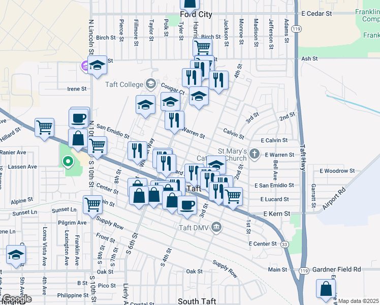 map of restaurants, bars, coffee shops, grocery stores, and more near 610 5th Street in Taft