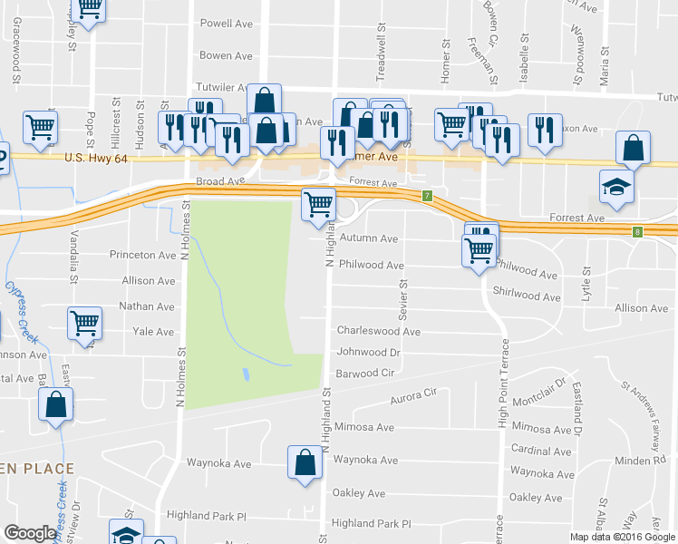 map of restaurants, bars, coffee shops, grocery stores, and more near 476 North Highland Street in Memphis