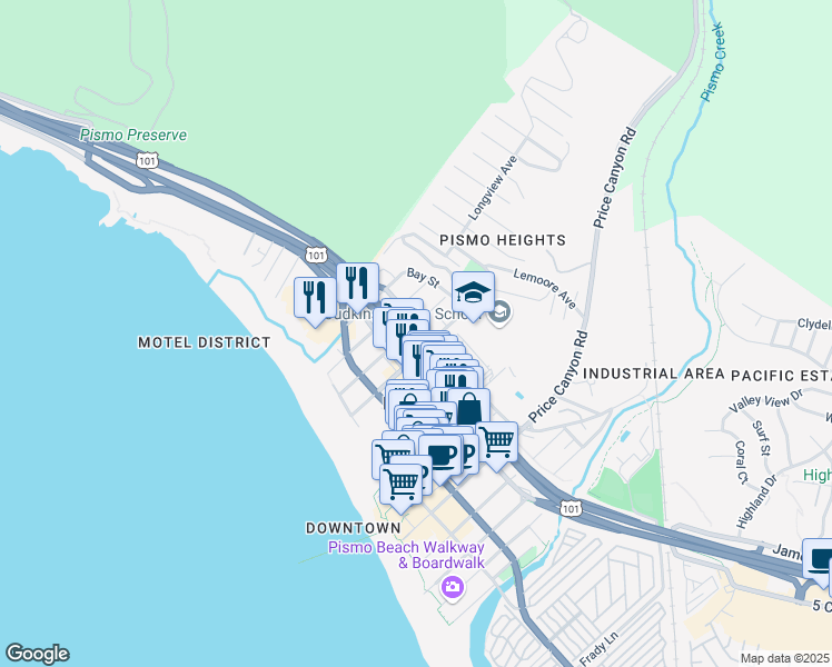 map of restaurants, bars, coffee shops, grocery stores, and more near 1161 Bello Street in Pismo Beach