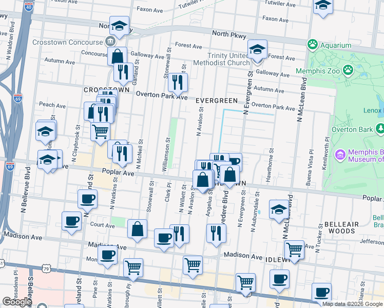 map of restaurants, bars, coffee shops, grocery stores, and more near 243 North Avalon Street in Memphis