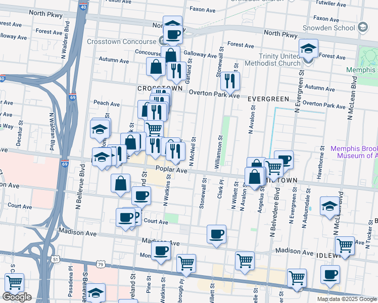 map of restaurants, bars, coffee shops, grocery stores, and more near 233 North McNeil Street in Memphis