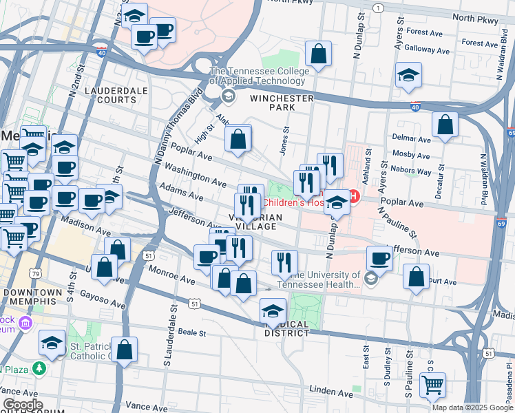 map of restaurants, bars, coffee shops, grocery stores, and more near 680 Adams Avenue in Memphis