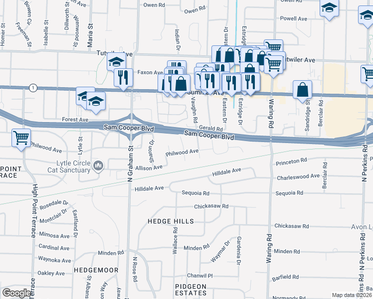 map of restaurants, bars, coffee shops, grocery stores, and more near 4126 Philwood Avenue in Memphis