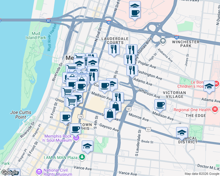 map of restaurants, bars, coffee shops, grocery stores, and more near 324 Court Avenue in Memphis