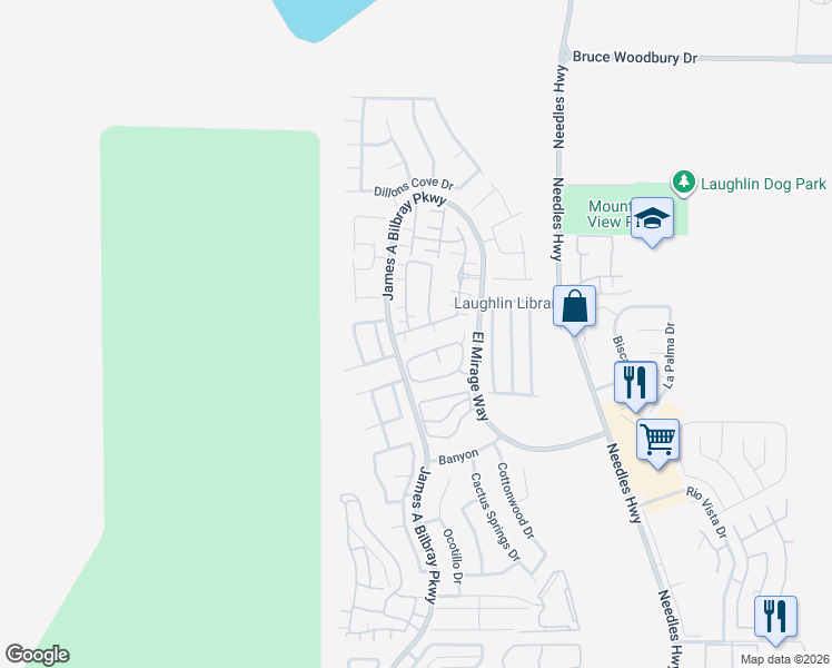 map of restaurants, bars, coffee shops, grocery stores, and more near 2269 Chandler Ranch Place in Laughlin