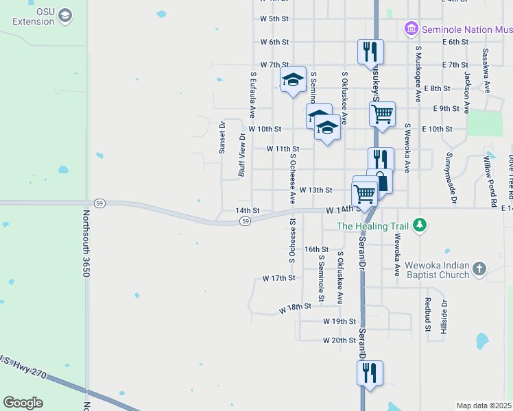 map of restaurants, bars, coffee shops, grocery stores, and more near 1306 South Eufaula Avenue in Wewoka