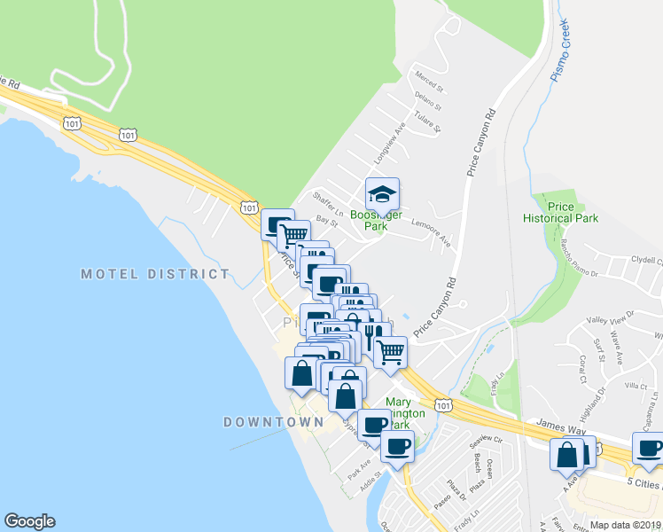 map of restaurants, bars, coffee shops, grocery stores, and more near 1150 Bello Street in Pismo Beach