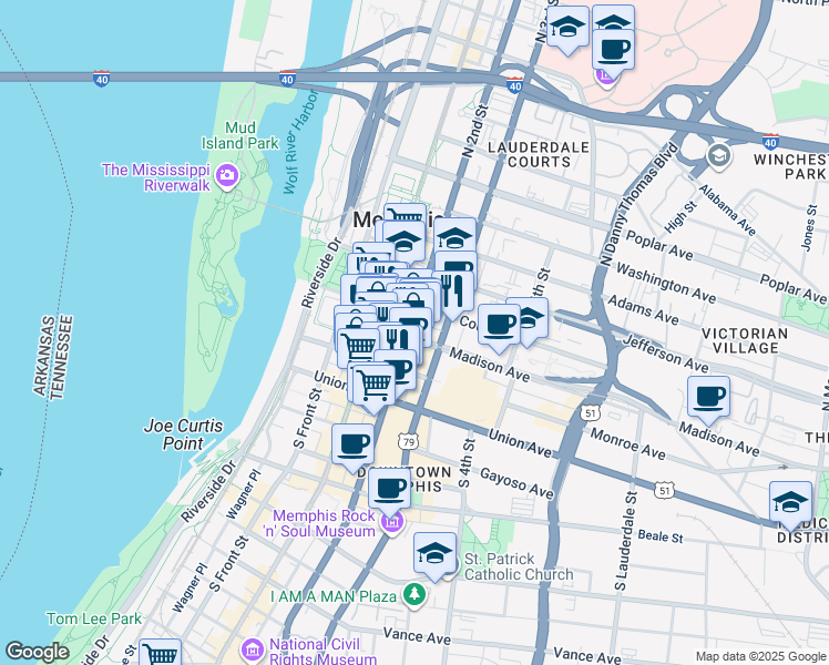 map of restaurants, bars, coffee shops, grocery stores, and more near 152 Madison Avenue in Memphis