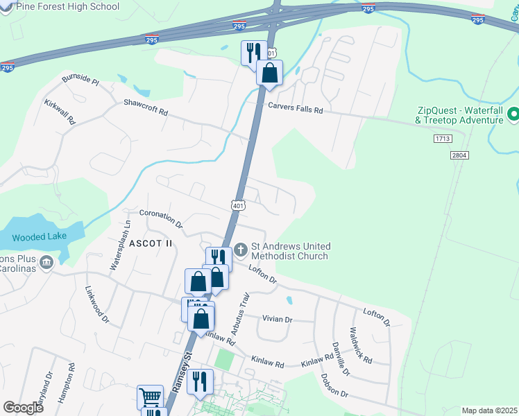 map of restaurants, bars, coffee shops, grocery stores, and more near 103 Weatherstone Drive in Fayetteville