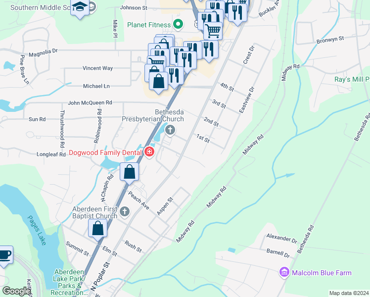 map of restaurants, bars, coffee shops, grocery stores, and more near North Poplar Street in Aberdeen