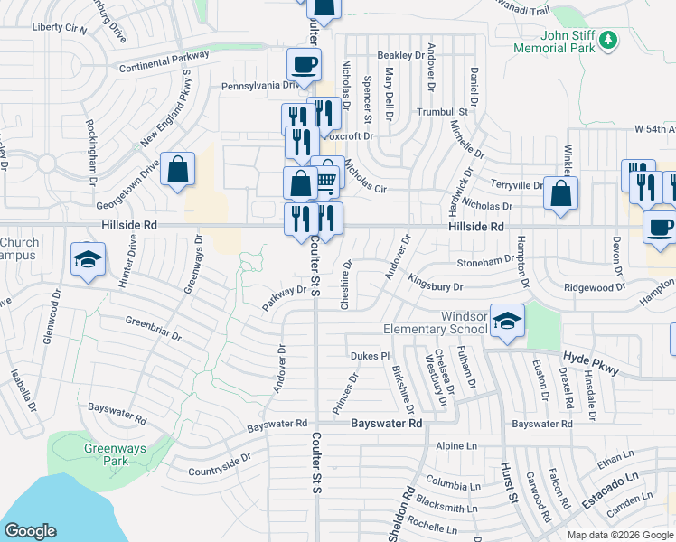 map of restaurants, bars, coffee shops, grocery stores, and more near 6414 Cheshire Drive in Amarillo