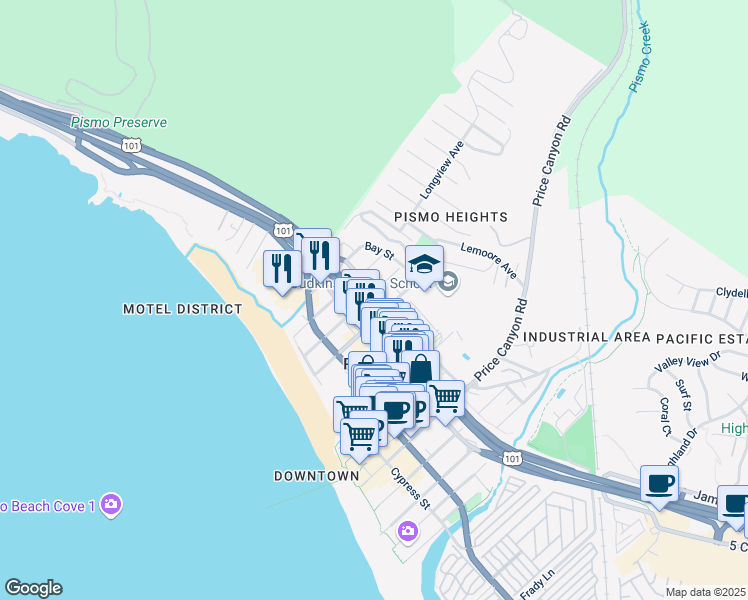 map of restaurants, bars, coffee shops, grocery stores, and more near 1161 Bello Street in Pismo Beach